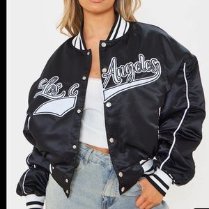 Black LA Graphic Front Contrast Satin Bomber